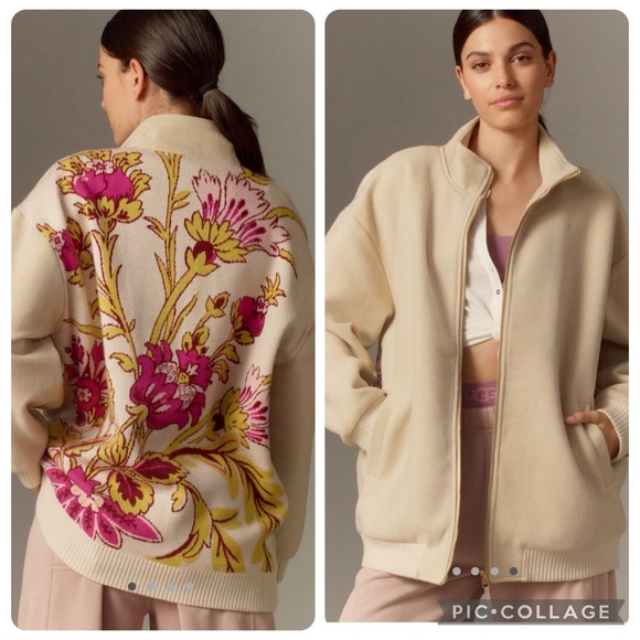 NWT new medium fits large Anthropologie tapestry bomber jacket beige floral - Picture 1 of 16